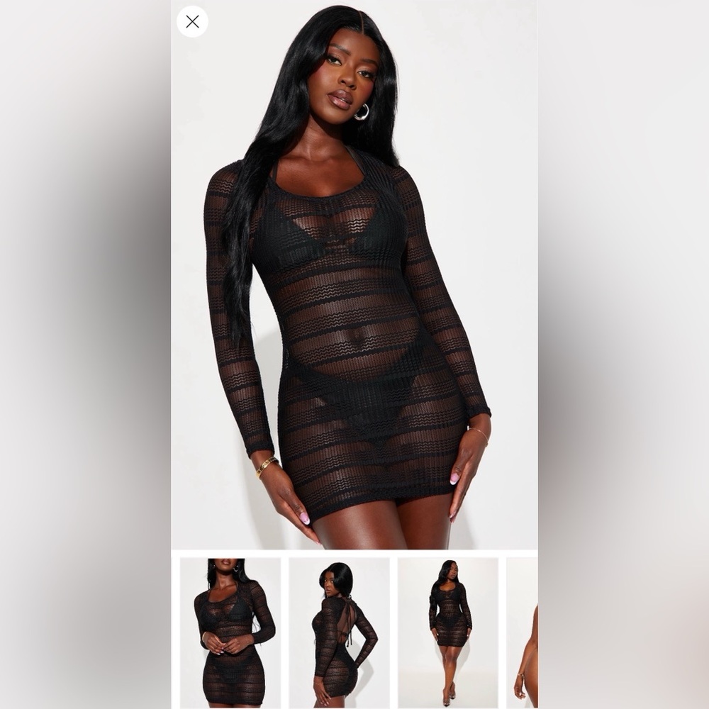 Fashion Nova Sheer Black Lace Long Sleeve Cover Up Dress with Open Back